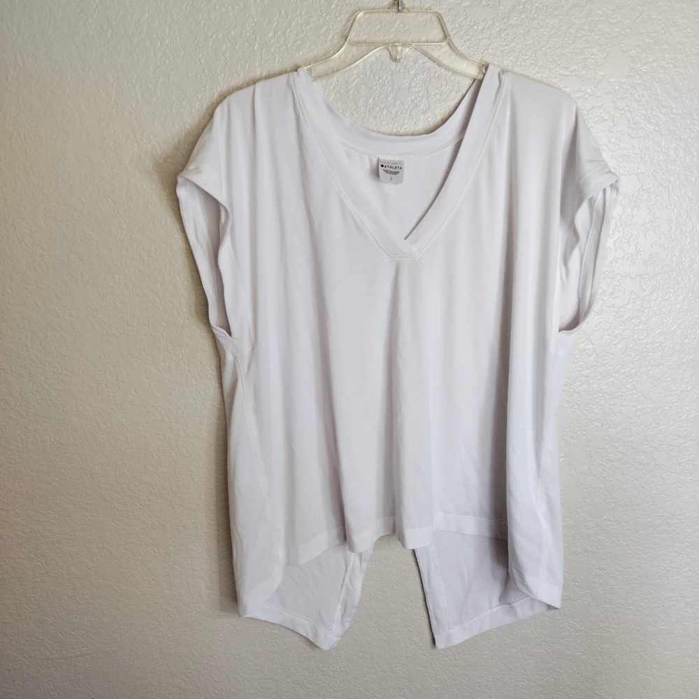 Athleta Explore Tee Split Back White V-Neck Short… - image 3